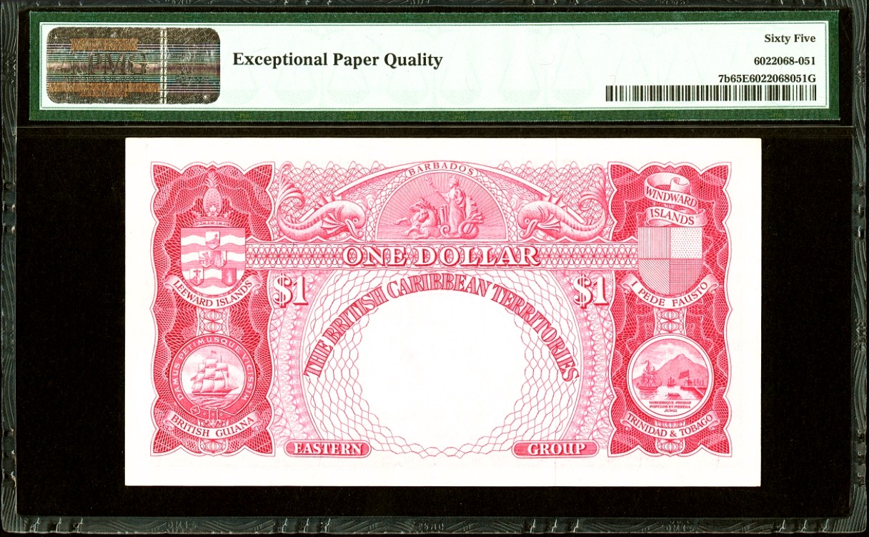 【Blue Auction】✨世界纸币精拍第414期【精】  【无47】英属加勒比领地 1958-64年1元 PMG65EPQ  大冠女王 领地地图 BWC出品雕刻精美 老壳子