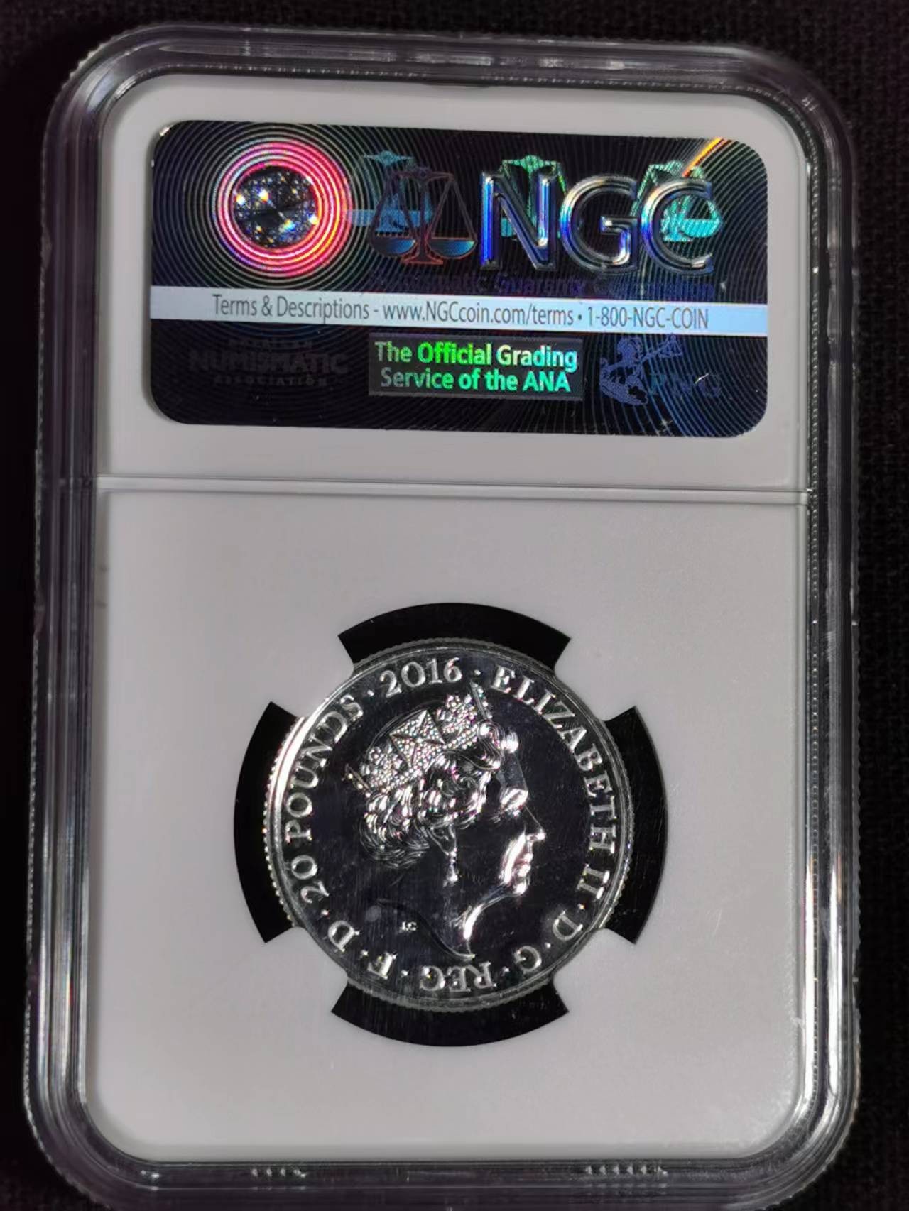 刘世昌艺术品销售中心～虎踞龙蟠*金杨在线联拍群第509期 英国2016年女王诞辰90周年20镑银币（NGC MS69 串号：4415536-005）1枚。