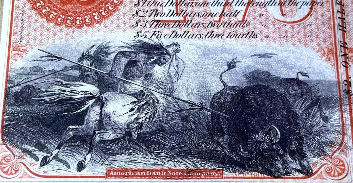 【Blue Auction】✨世界纸币精拍第414期【精】  美国 早期 密歇根州 1859-60年代2美金 印第安人狩猎野牛大场景 雕刻非常漂亮 PMG63EPQ 全新原票