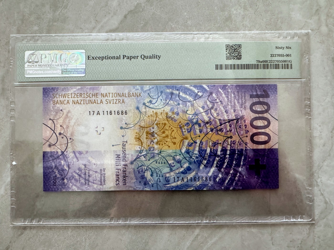 【Blue Auction】✨世界纸币精拍第414期【精】 【A冠倒置号】瑞士 2017年1000法郎 PMG66EPQ 