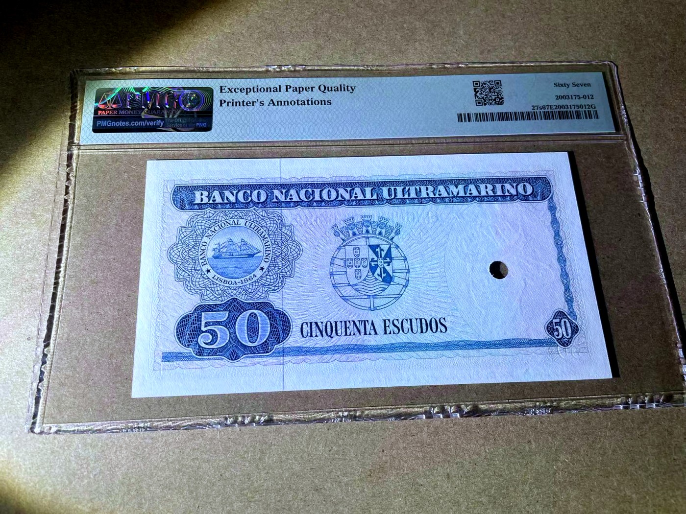 【Blue Auction】✨世界纸币精拍第414期【精】 【冠军分 样钞少见】东帝汶 1967年50埃斯库多 手签标注 PMG67EPQ 带中文字 高分值得收藏