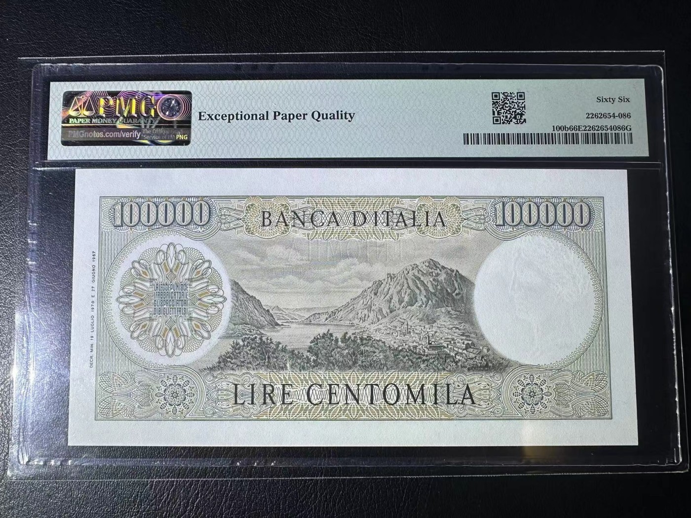 【Blue Auction】✨世界纸币精拍第414期【精】    【b版】意大利 1970年10万里拉 PMG66EPQ 顶级人物雕刻曼左尼