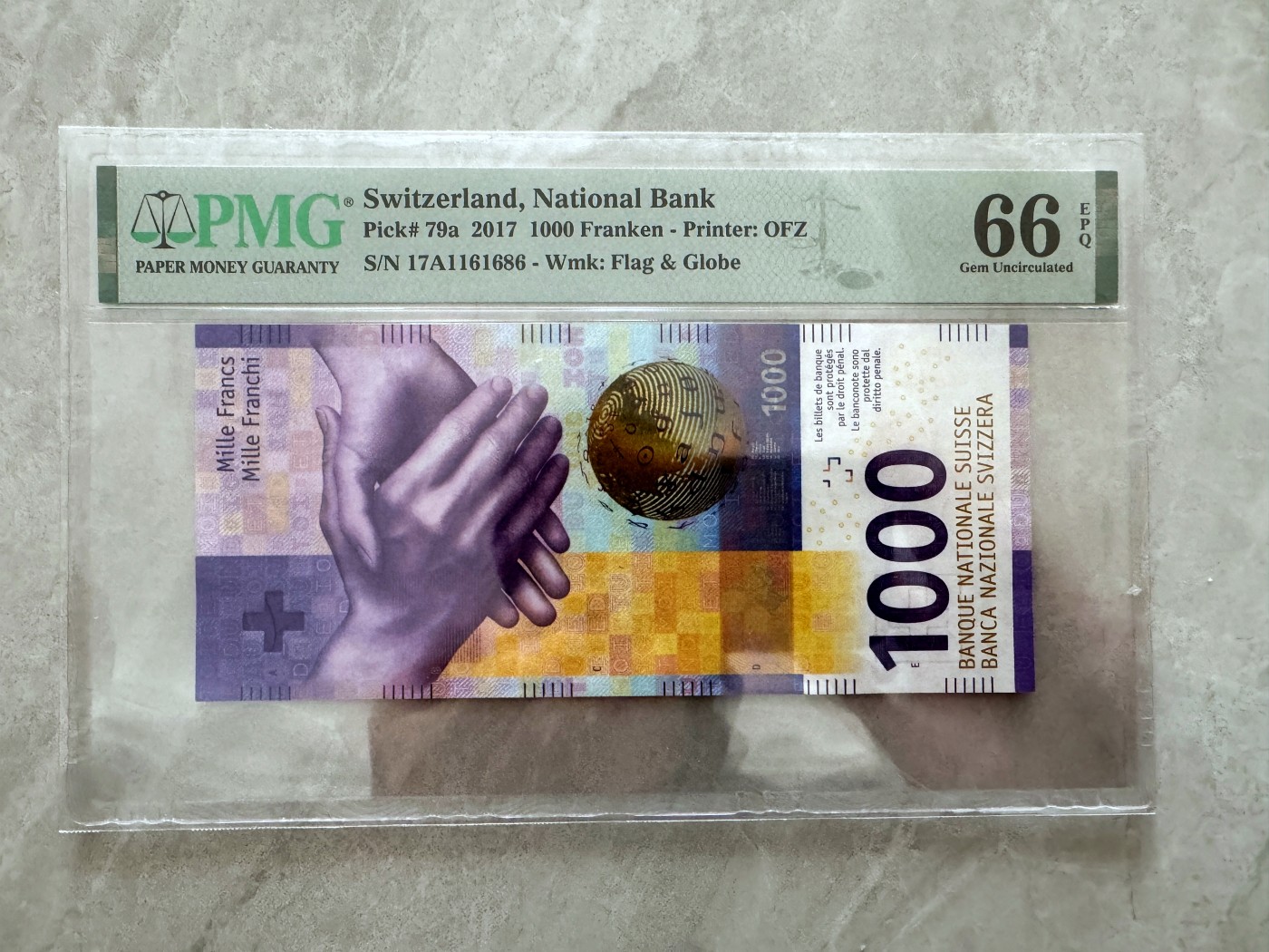 【Blue Auction】✨世界纸币精拍第414期【精】 【A冠倒置号】瑞士 2017年1000法郎 PMG66EPQ 