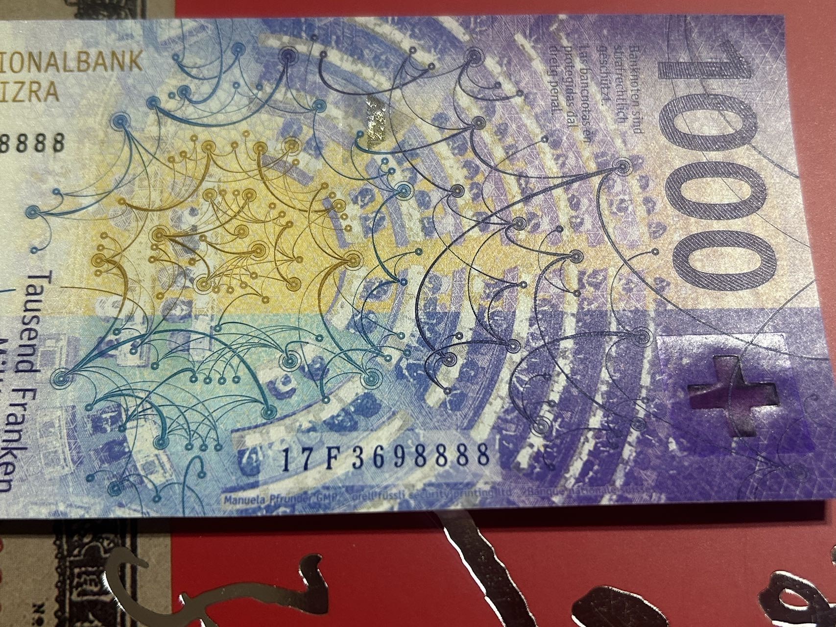 收藏联盟Quantum Auction 第316期拍卖  瑞士2017年1000法郎 品相UNC  狮子号8888 号码无457