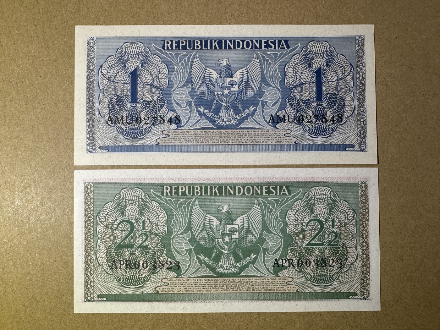 《张总收藏》133期-新年外币荟萃 印度尼西亚1、2.5盾2张 UNC 1954年