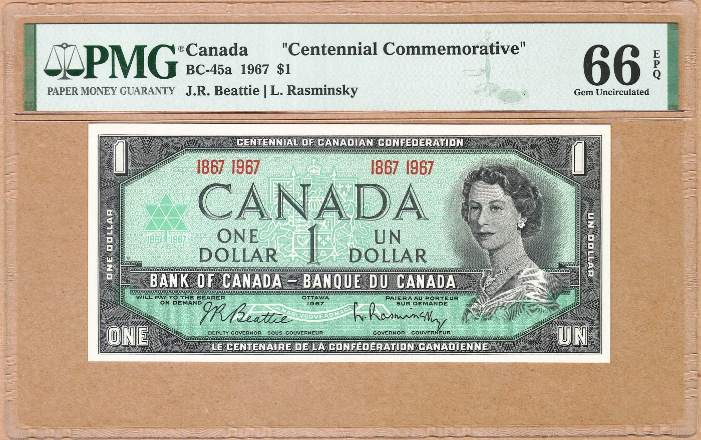 【Blue Auction】✨世界纸币精拍第414期【精】 加拿大 建国100周年纪念钞 1967年1元 PMG66EPQ 