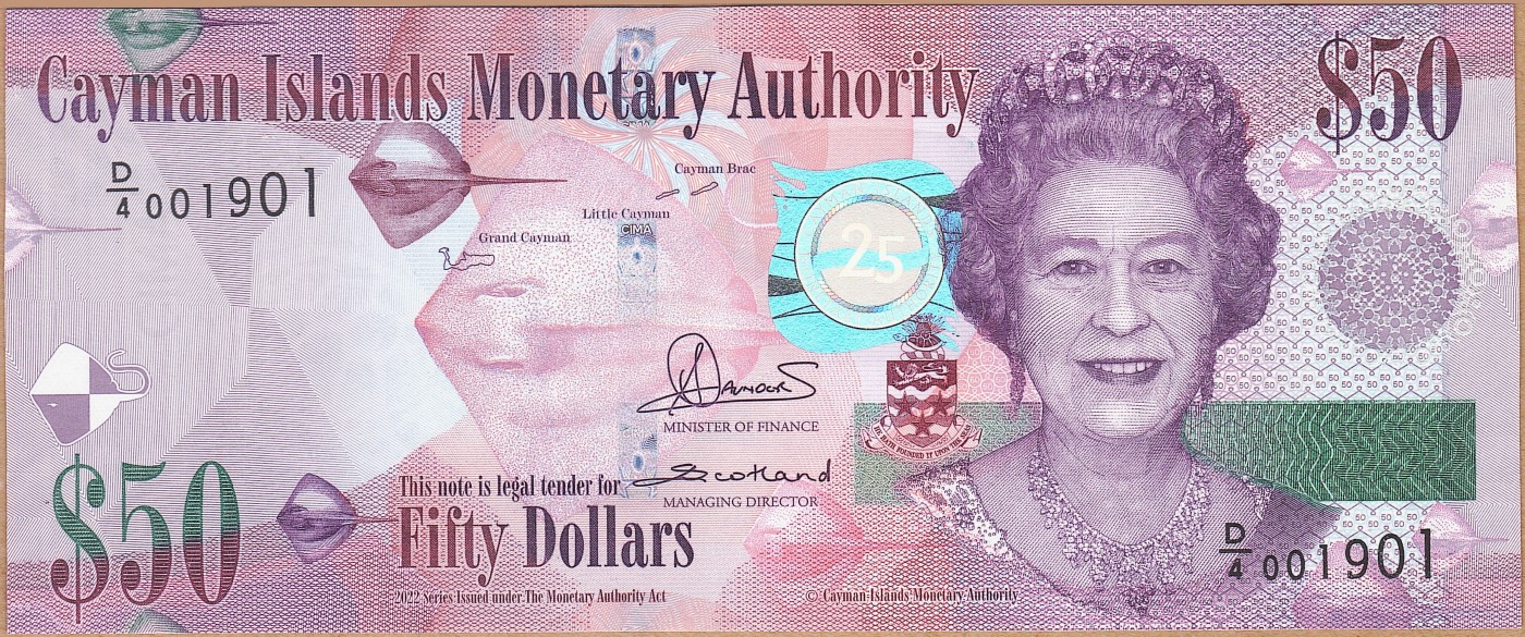 【Blue Auction】✨世界纸币精拍第414期【精】 【倒置号 千位小号】开曼 金管局 新版25周年纪念钞50元 女王 全新UNC