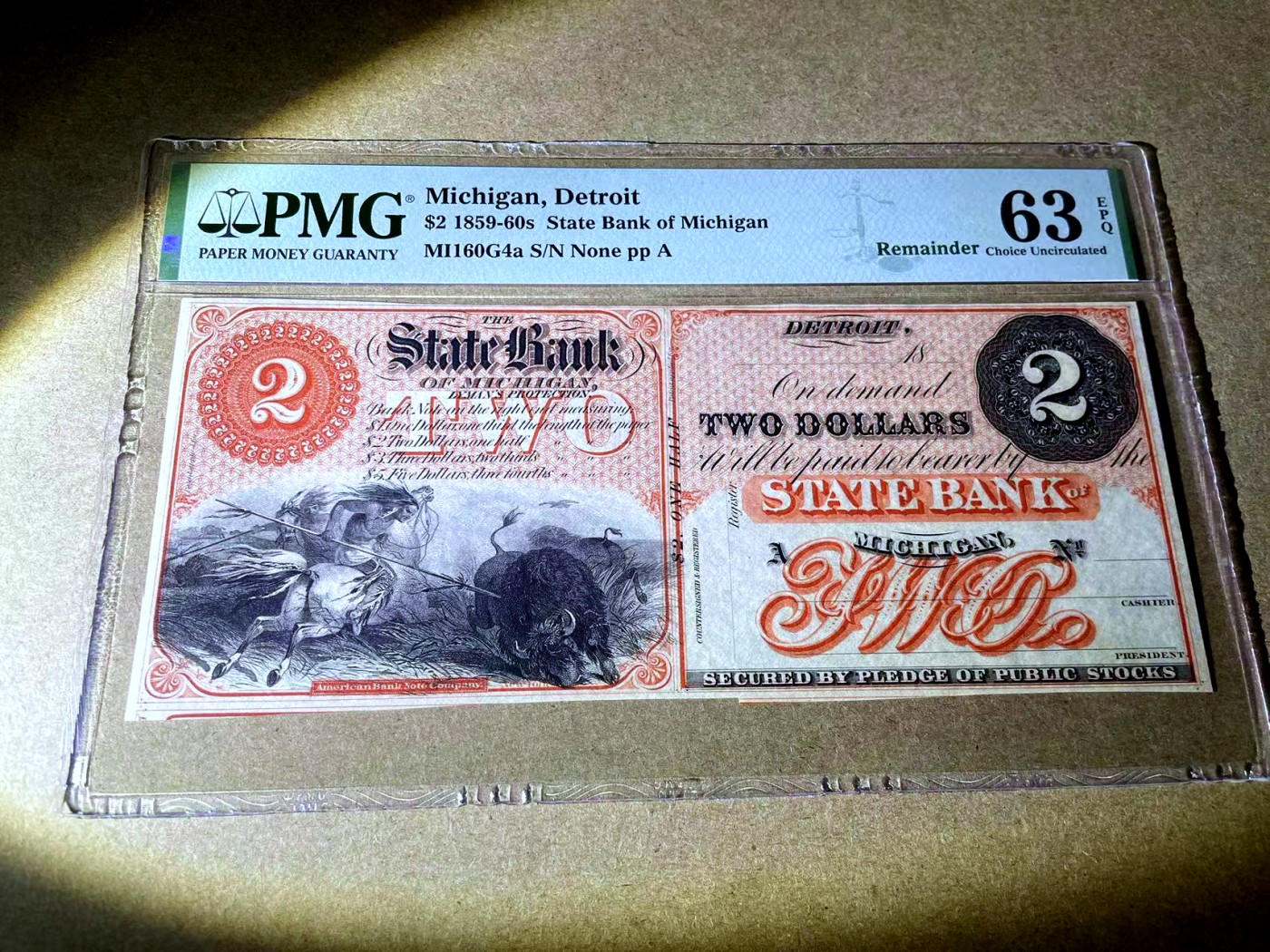 【Blue Auction】✨世界纸币精拍第414期【精】  美国 早期 密歇根州 1859-60年代2美金 印第安人狩猎野牛大场景 雕刻非常漂亮 PMG63EPQ 全新原票