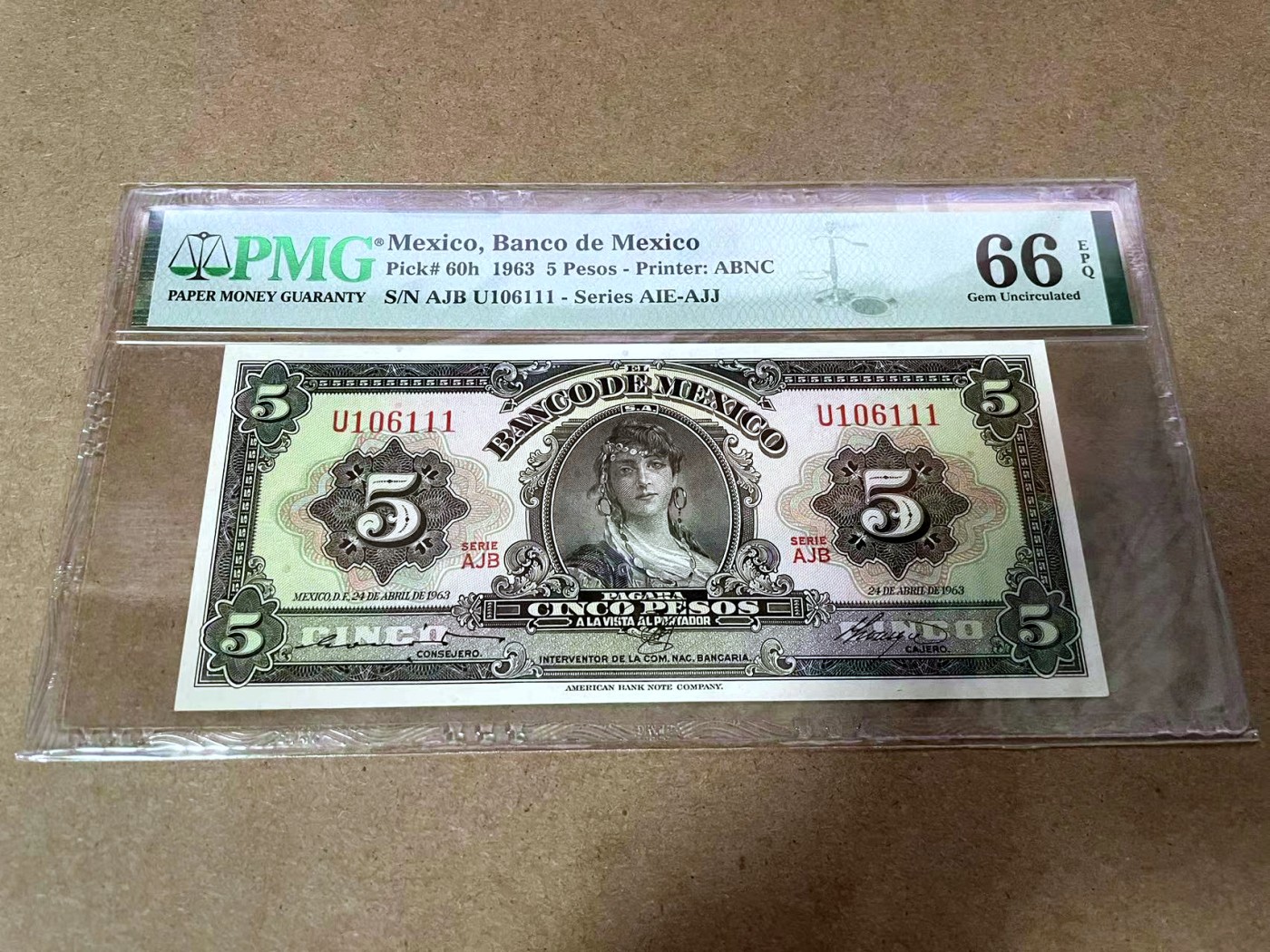 【Blue Auction】✨世界纸币精拍第414期【精】 【倒置号 111豹子号】墨西哥 1963年5比索 PMG66EPQ 