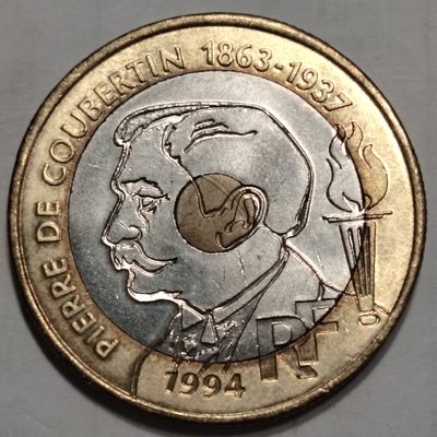布加迪🐬～世界钱币(上海)🌾第 213 期 /  各国套币和散币 - 法国🇫🇷 1994年 20法郎 奥运之父顾拜旦  双色币