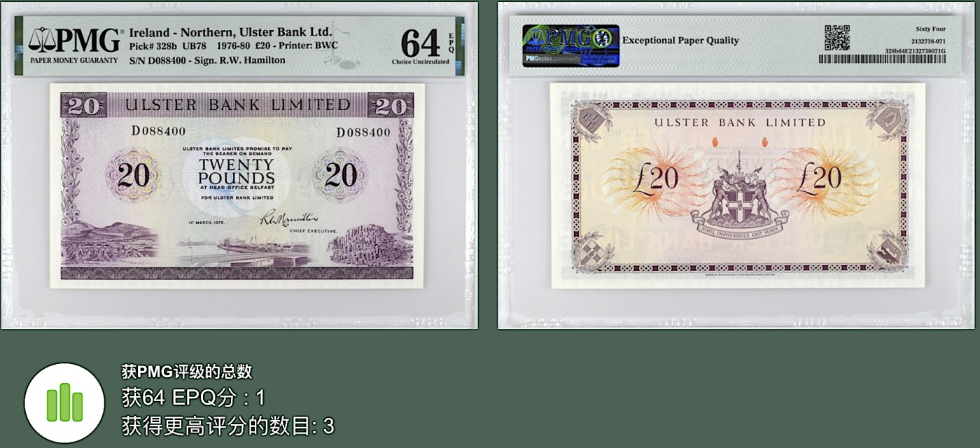 《张总收藏》133期-新年外币荟萃 北爱尔兰20镑 PMG64E 阿尔斯特银行 1976年老版本 更高分仅3张 疑似一个角软折 带E剪壳首选