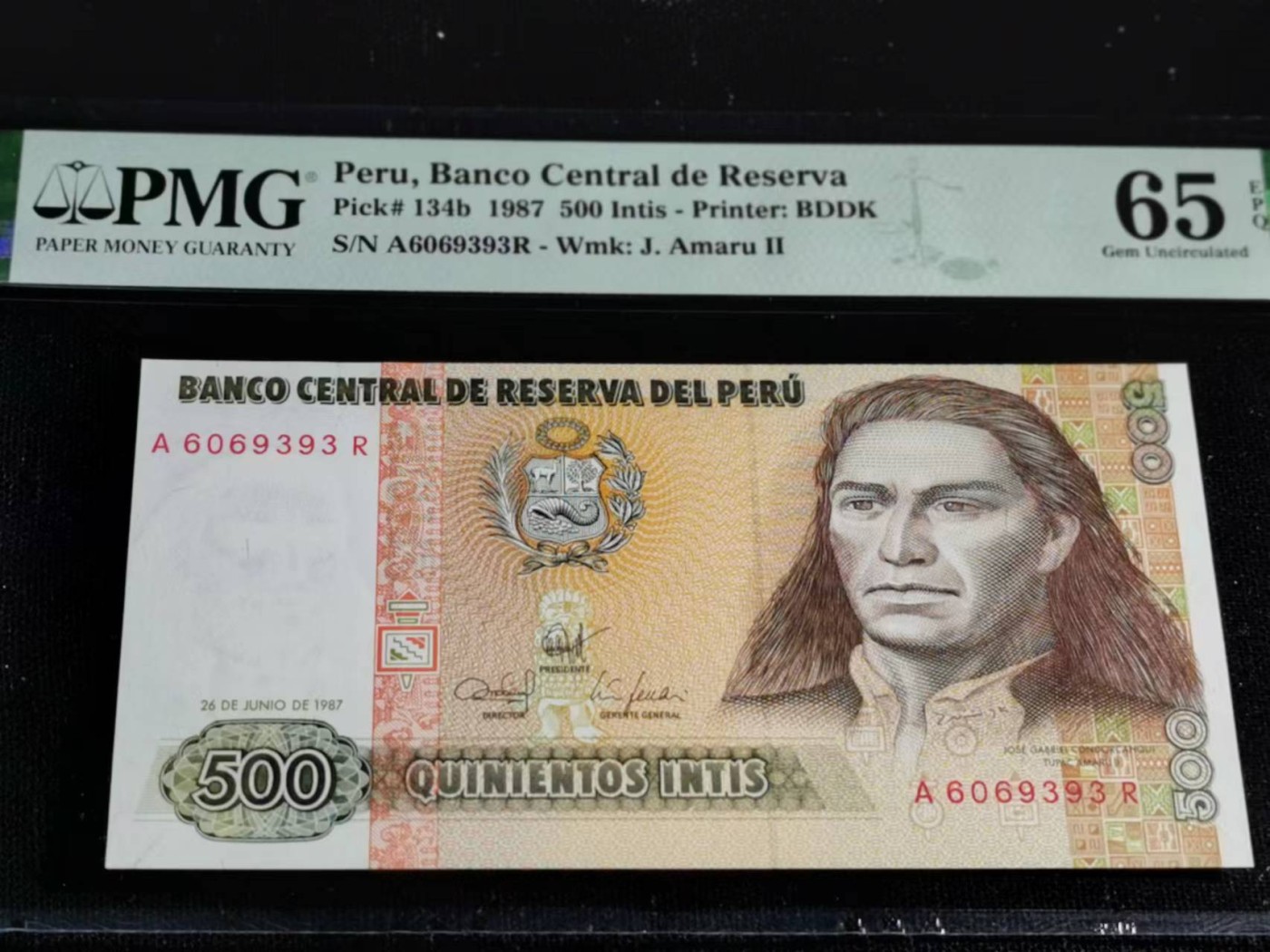 刘世昌艺术品销售中心～虎踞龙蟠*金杨在线联拍群第515期 秘鲁1987年500印蒂（PMG  65E  号码：A6069393R）1枚。