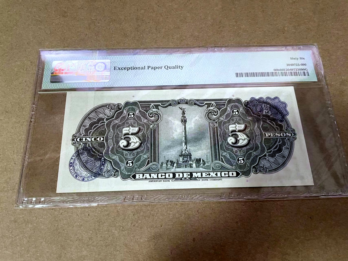 【Blue Auction】✨世界纸币精拍第414期【精】 【倒置号 111豹子号】墨西哥 1963年5比索 PMG66EPQ 
