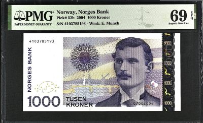 《张总收藏》133期-新年外币荟萃 - 挪威1000克朗 PMG69E 挪威表现主义画家爱德华·蒙克 唯一冠军分