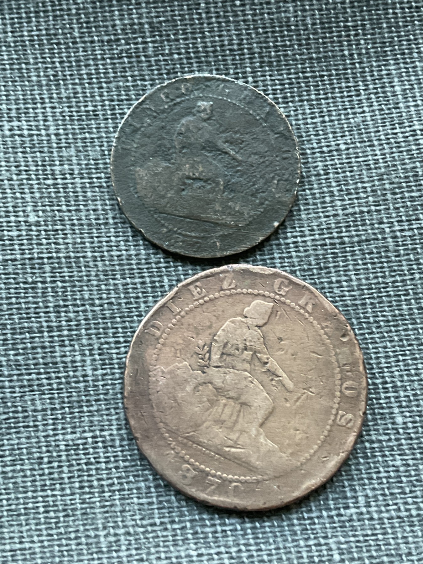 外国硬币首场2024-1-6 西班牙1870铜币两枚
