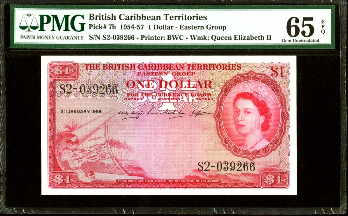 【Blue Auction】✨世界纸币精拍第414期【精】  【无47】英属加勒比领地 1958-64年1元 PMG65EPQ  大冠女王 领地地图 BWC出品雕刻精美 老壳子