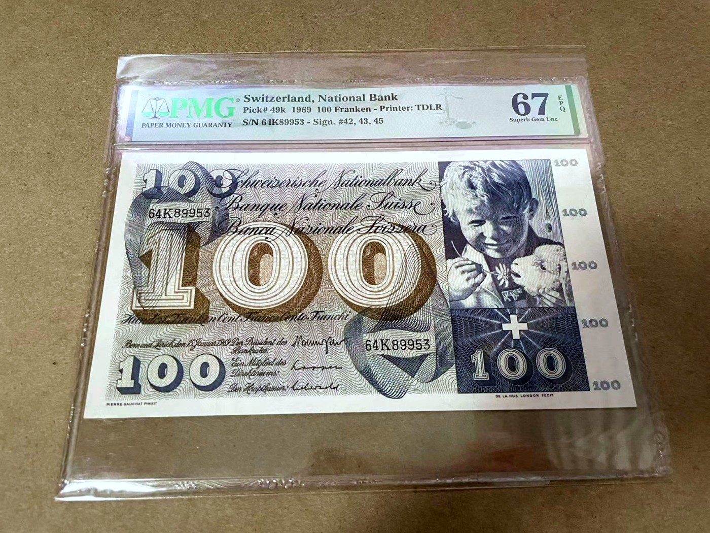 【Blue Auction】✨世界纸币精拍第414期【精】 瑞士 1969年100法郎 圣马丁割袍 PMG67EPQ 