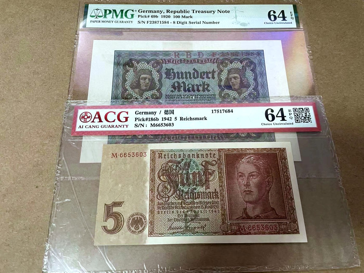 【Blue Auction】✨世界纸币精拍第414期【精】 【一组2张 包含无47】德国 1920/1942年5-100马克 PMG64EPQ/ACG64EPQ 