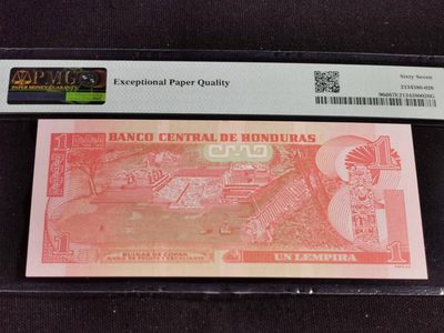 刘世昌艺术品销售中心～虎踞龙蟠*金杨在线联拍群第521期 洪都拉斯2019年1伦皮拉（PMG  67E  号码：GA9364023）1枚。