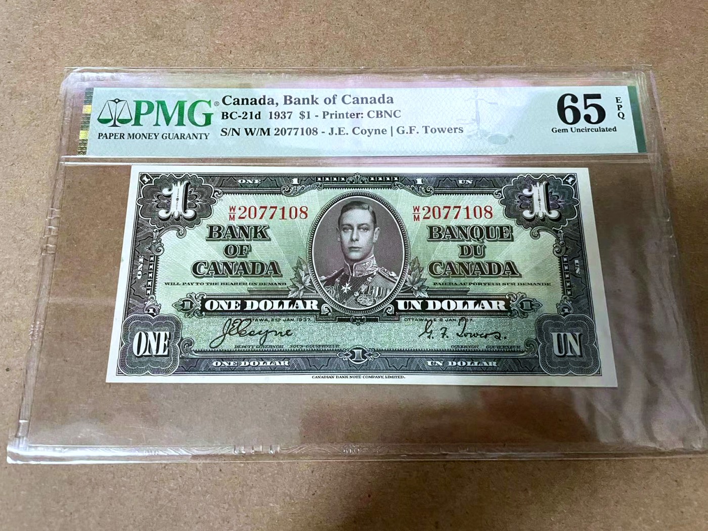 【Blue Auction】✨世界纸币精拍第414期【精】 【与上一张连号】加拿大 1937年1元 乔治六世 丰收女神 PMG65EPQ 绝品