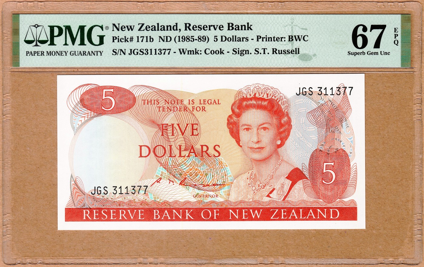 【Blue Auction】✨世界纸币精拍第414期【精】 新西兰 花冠女王1985-89年5元 PMG67EPQ 