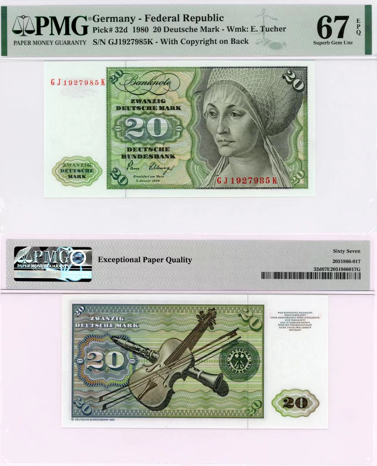 【Blue Auction】✨世界纸币精拍第415期——北欧&中欧专场 德国 1980年20马克 PMG67EPQ 