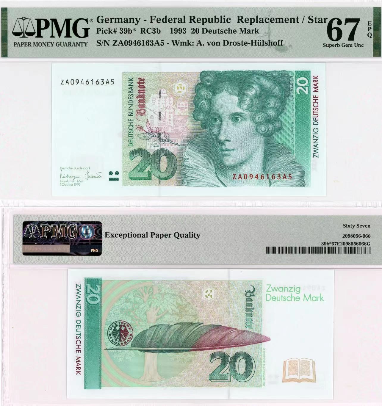 【Blue Auction】✨世界纸币精拍第415期——北欧&中欧专场 【补号】德国 1993年20马克 PMG67EPQ 