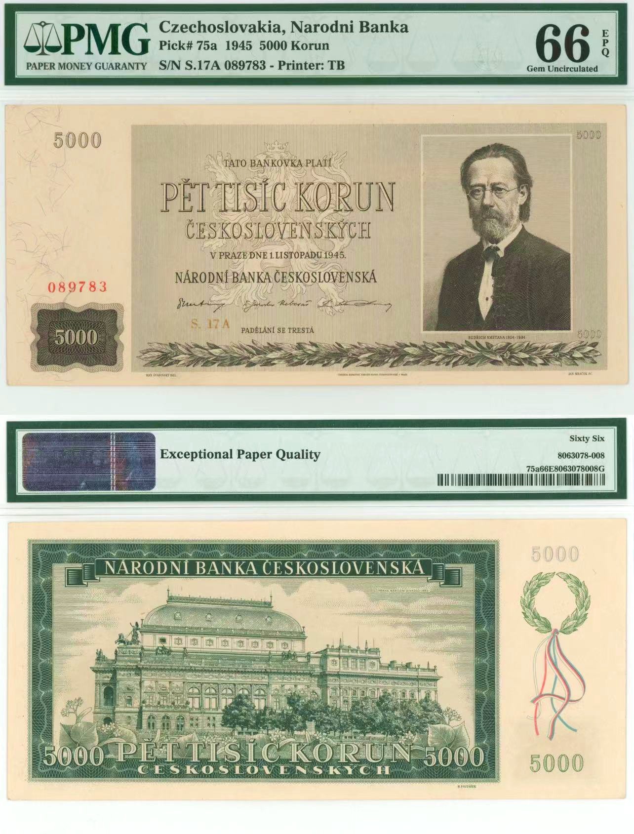 【Blue Auction】✨世界纸币精拍第415期——北欧&中欧专场 【实钞亚军分】捷斯 1945年5000克朗 PMG66EPQ 大票幅 音乐家斯塔美那 热门升值品种