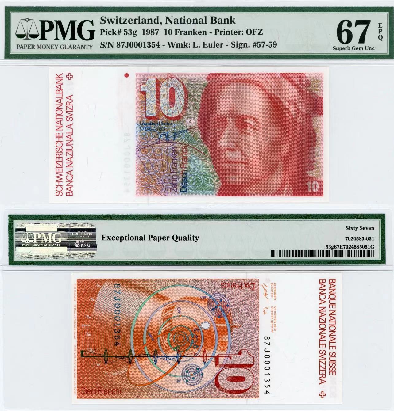 【Blue Auction】✨世界纸币精拍第415期——北欧&中欧专场 【千位小号】瑞士 1987年10法郎 PMG67EPQ 