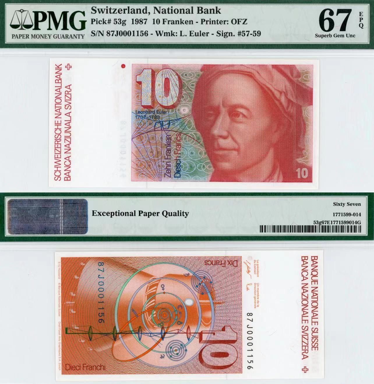 【Blue Auction】✨世界纸币精拍第415期——北欧&中欧专场 【无47 千位小号】瑞士 1987年10法郎 PMG67EPQ 