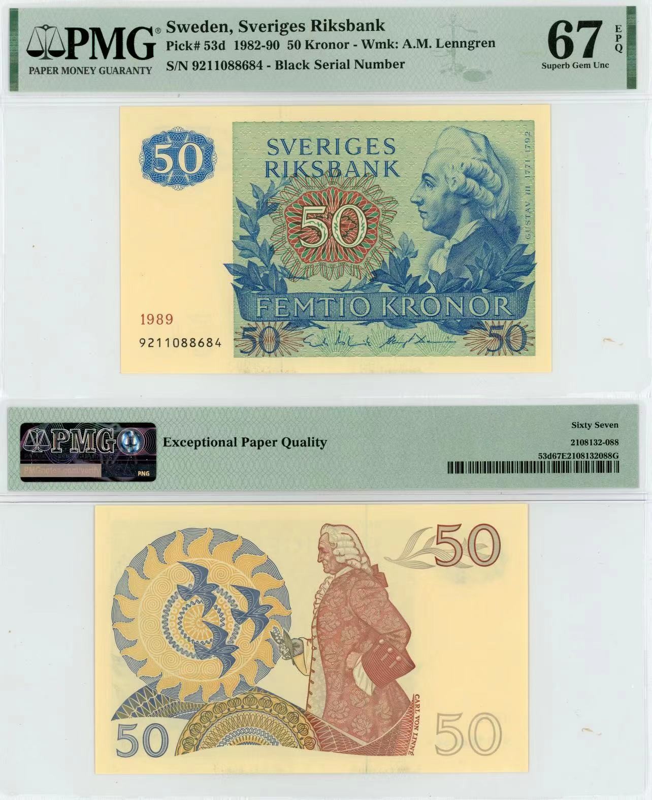 【Blue Auction】✨世界纸币精拍第415期——北欧&中欧专场 瑞典 1982-90年50克朗 PMG67EPQ 