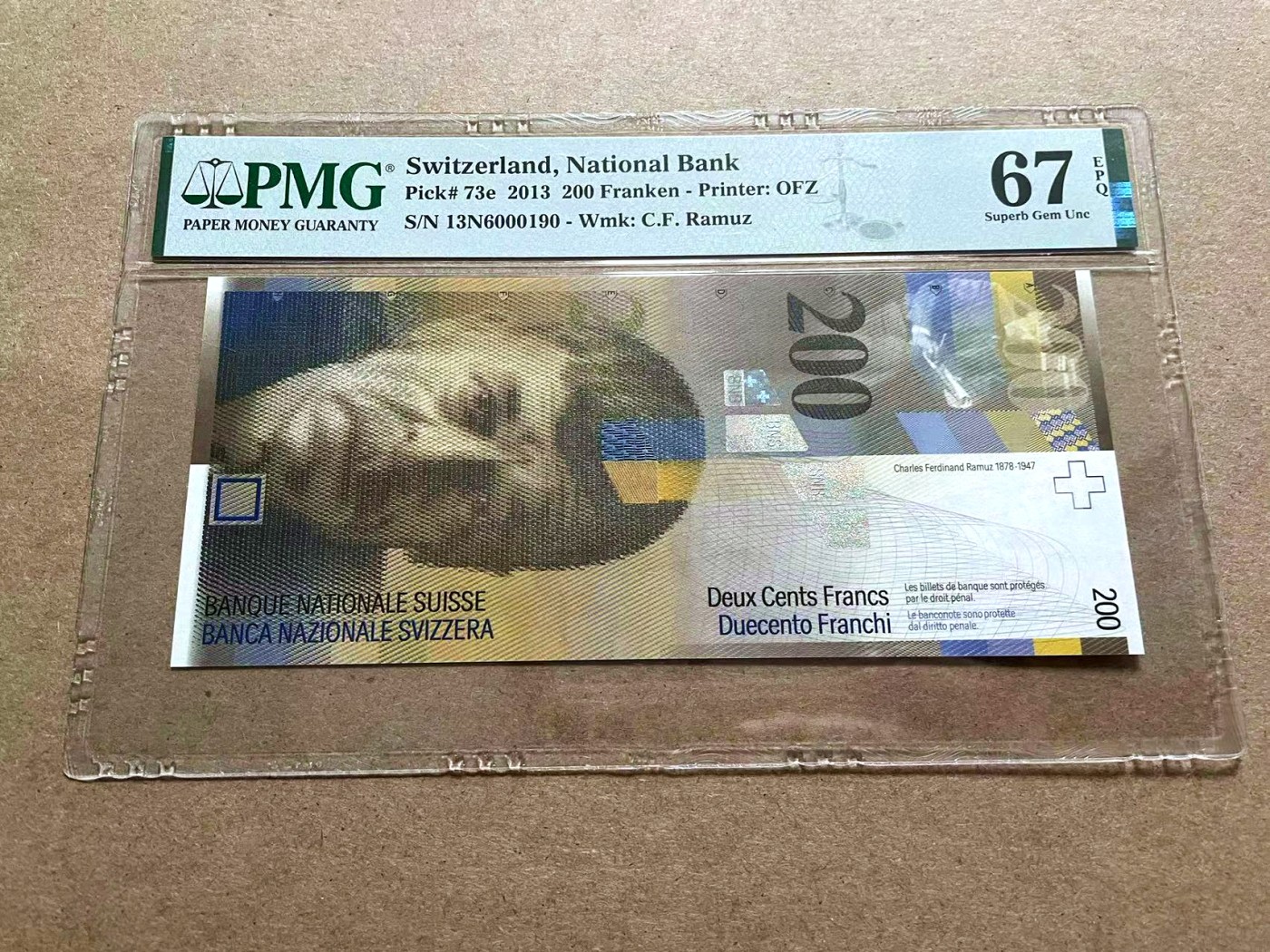 【Blue Auction】✨世界纸币精拍第415期——北欧&中欧专场 【倒置号】瑞士 2013年200法郎 PMG67EPQ 