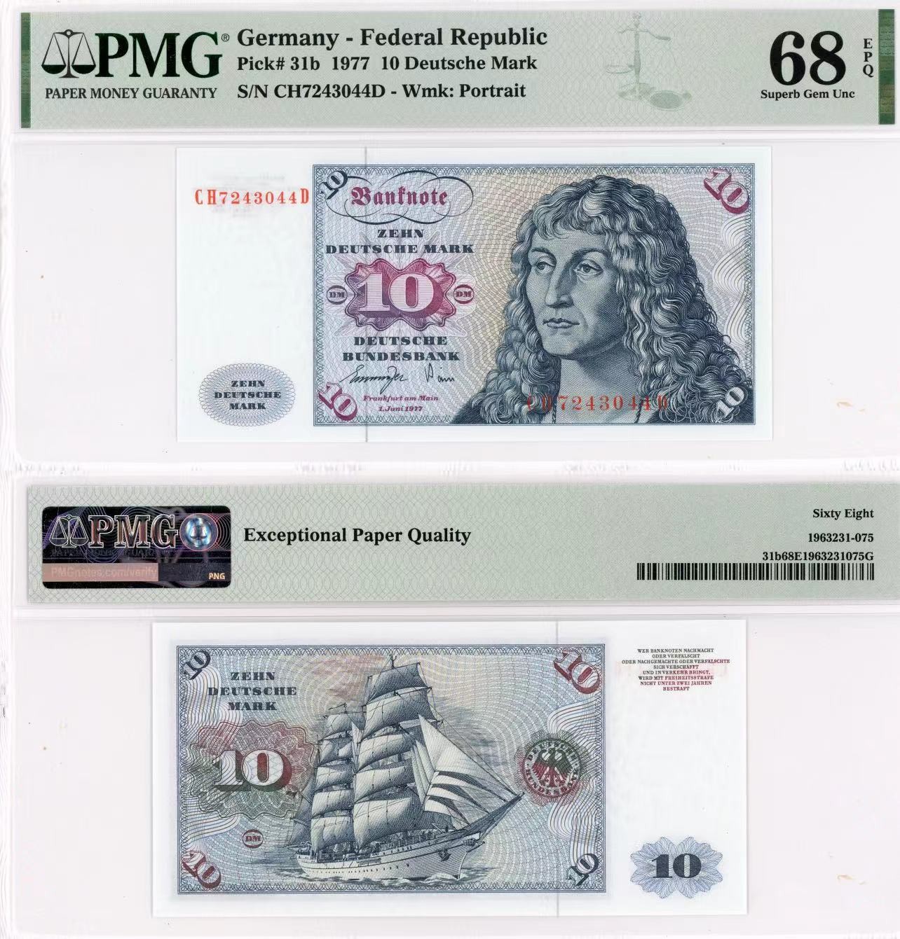 【Blue Auction】✨世界纸币精拍第415期——北欧&中欧专场 德国 1977年10马克 PMG68EPQ 超高分