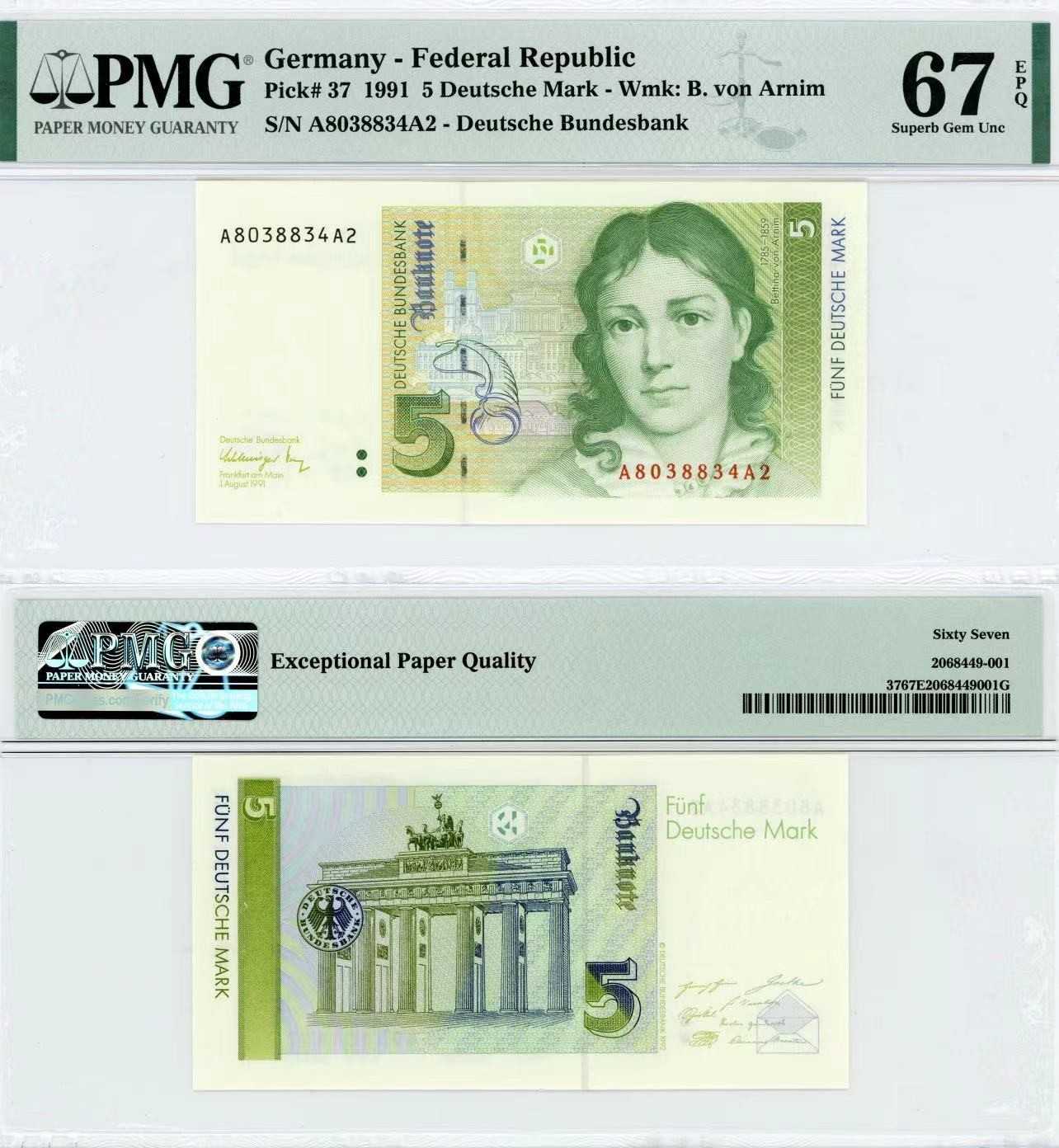 【Blue Auction】✨世界纸币精拍第415期——北欧&中欧专场 【AA】德国 1991年5马克 PMG67EPQ 
