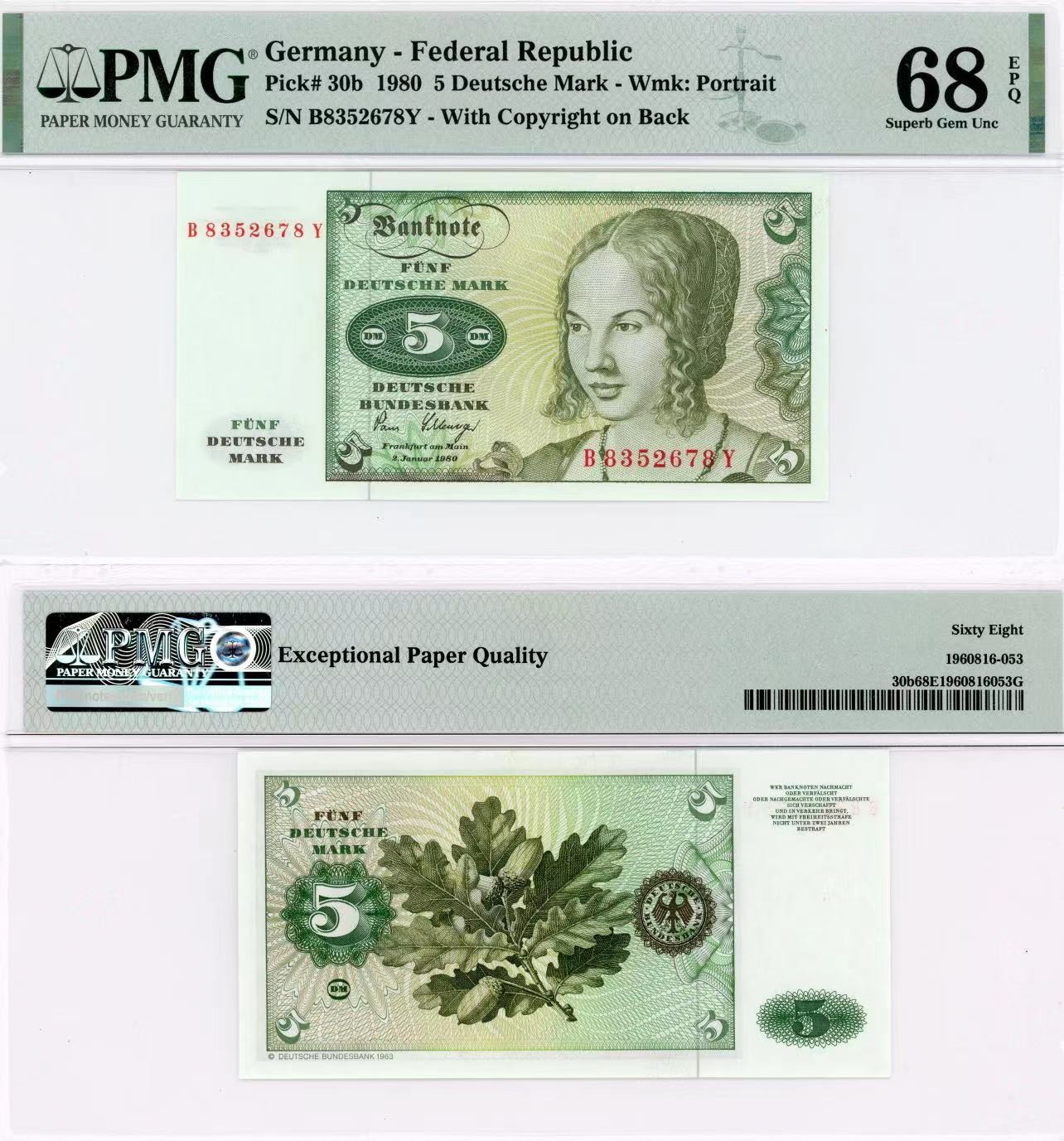 【Blue Auction】✨世界纸币精拍第415期——北欧&中欧专场 德国 1980年5马克 PMG68EPQ  超高分