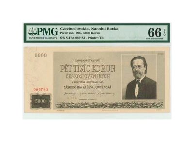 【Blue Auction】✨世界纸币精拍第415期——北欧&中欧专场 - 【实钞亚军分】捷斯 1945年5000克朗 PMG66EPQ 大票幅 音乐家斯塔美那 热门升值品种