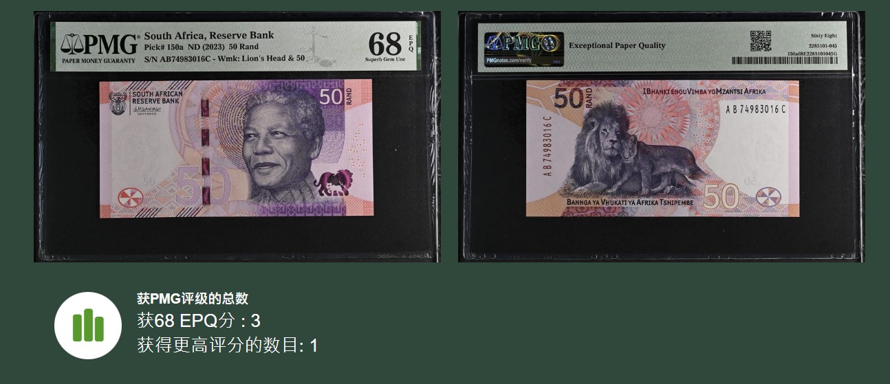 《张总收藏》133期-新年外币荟萃 南非2023年50兰特ABC首发冠PMG68E亚军分 冠军69分仅1张 非洲狮 入围今年IBNS世界最佳纸币 这张属于今年比较优秀的提名品种