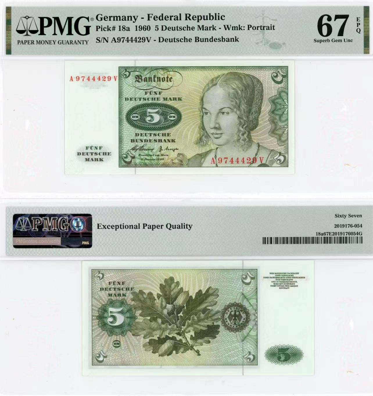 【Blue Auction】✨世界纸币精拍第415期——北欧&中欧专场 德国 1960年5马克 PMG67EPQ  