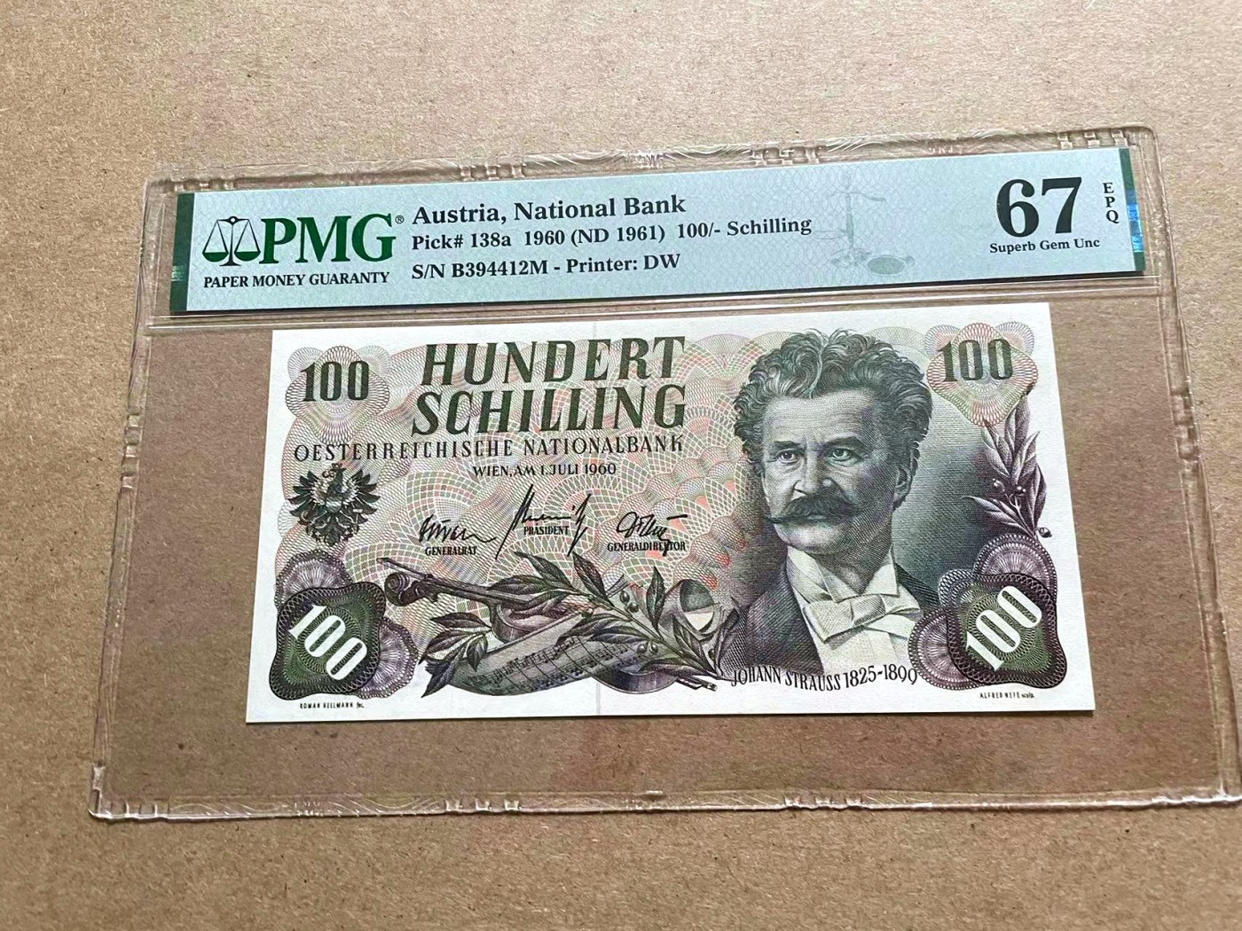 【Blue Auction】✨世界纸币精拍第415期——北欧&中欧专场 【亚军分】奥地利 1960年100先令 斯特劳斯 PMG67EPQ 高分