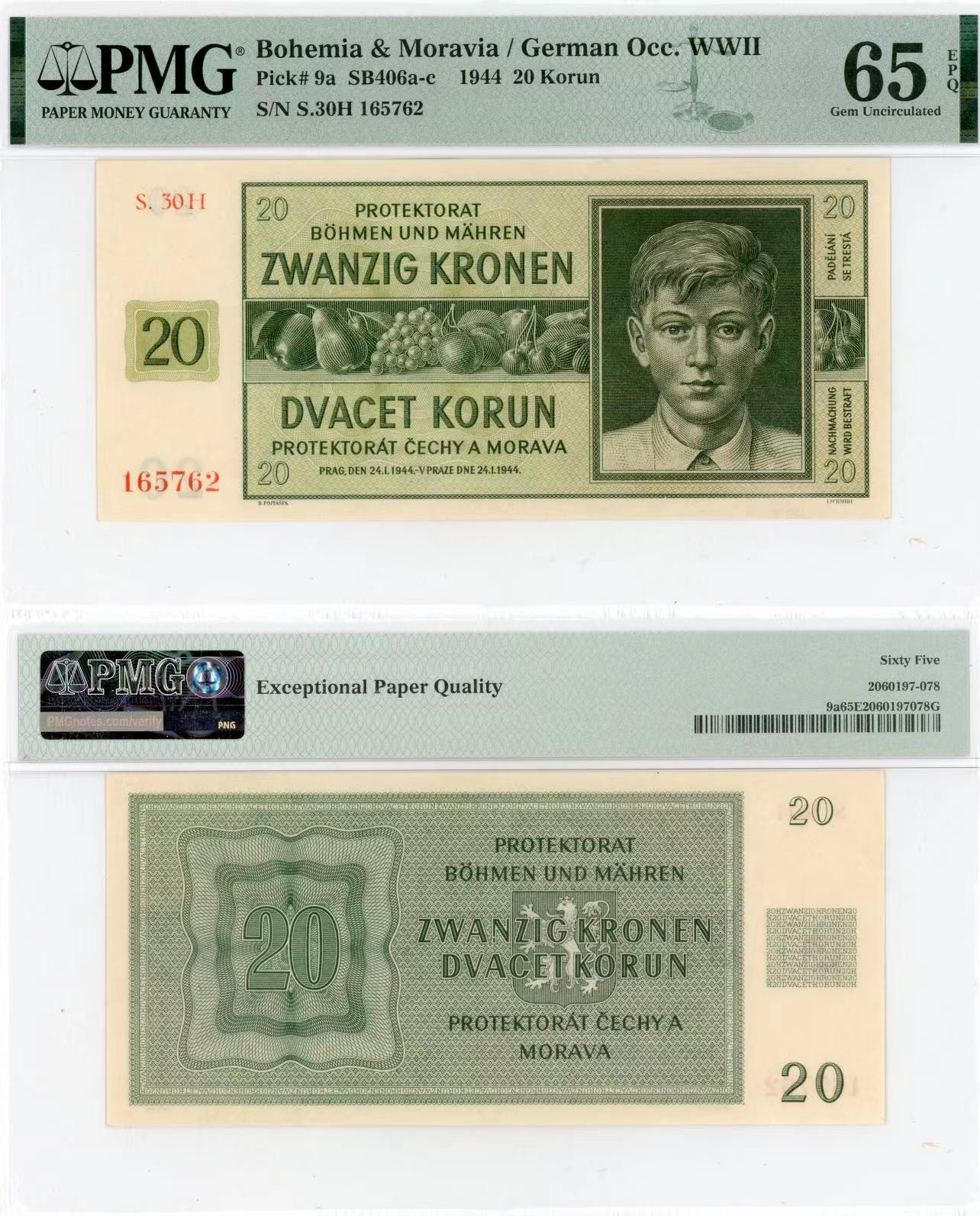 【Blue Auction】✨世界纸币精拍第415期——北欧&中欧专场 【实钞】波西米亚 1944年20克朗 PMG65EPQ  