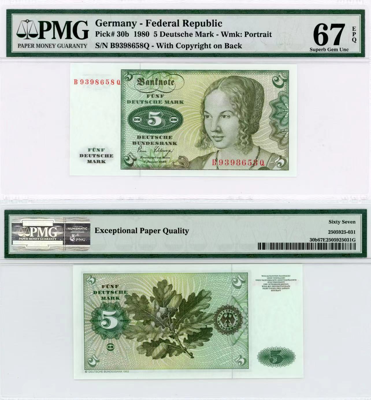 【Blue Auction】✨世界纸币精拍第415期——北欧&中欧专场 【无47】德国 1980年5马克 PMG67EPQ