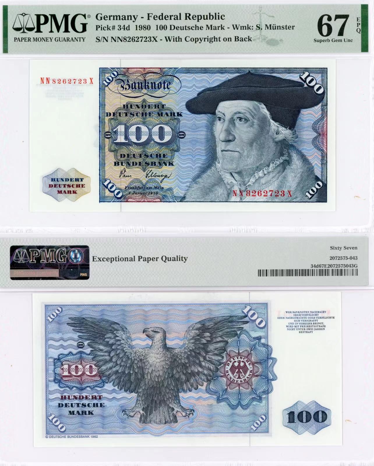 【Blue Auction】✨世界纸币精拍第415期——北欧&中欧专场 德国 1980年100马克 PMG67EPQ 明斯特 雕刻精美