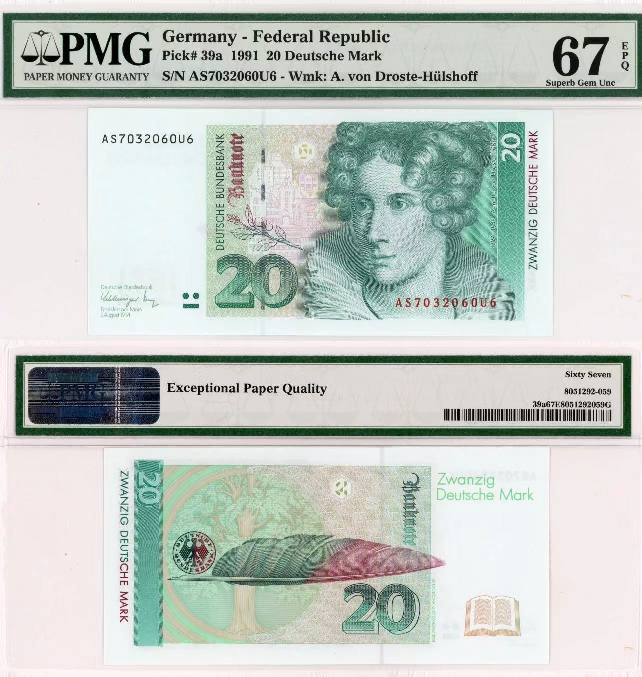 【Blue Auction】✨世界纸币精拍第415期——北欧&中欧专场 德国 1991年20马克 PMG67EPQ 