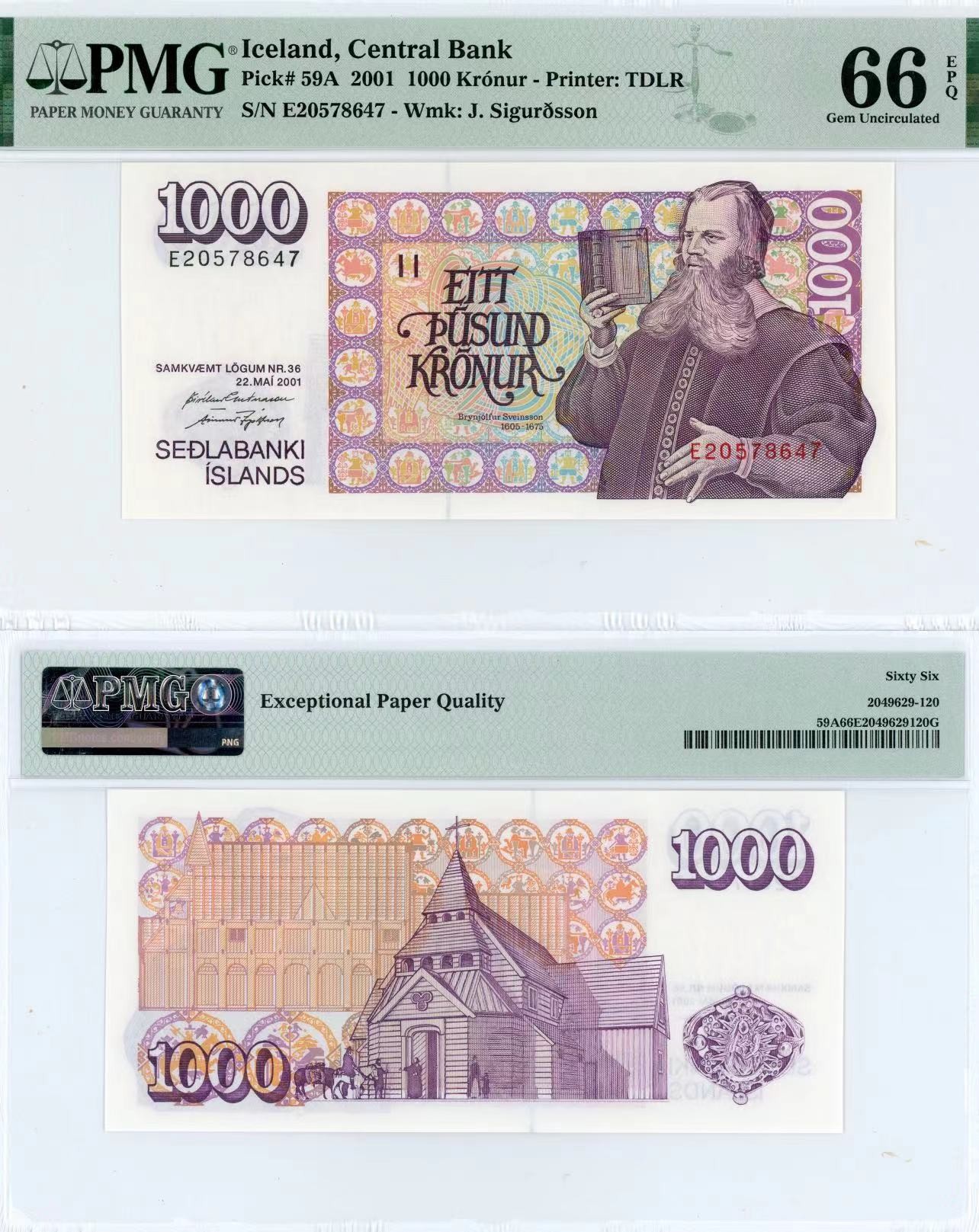 【Blue Auction】✨世界纸币精拍第415期——北欧&中欧专场 冰岛 2001年1000克朗 PMG66EPQ 