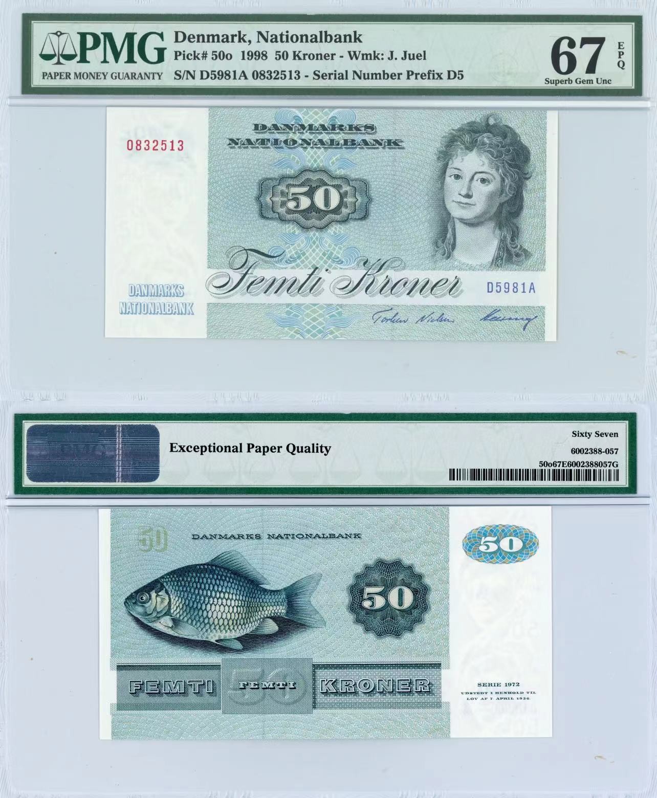 【Blue Auction】✨世界纸币精拍第415期——北欧&中欧专场 【无47】丹麦 1998年50克朗 PMG67EPQ 
