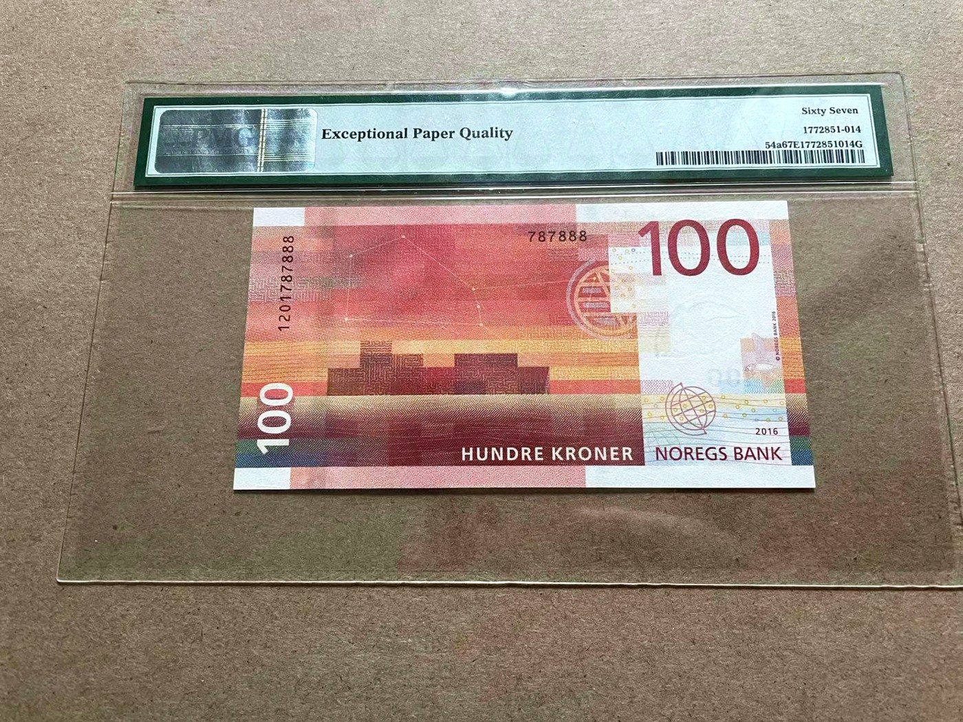 【Blue Auction】✨世界纸币精拍第415期——北欧&中欧专场 【888豹子号】挪威 2016年100克朗 PMG67EPQ 