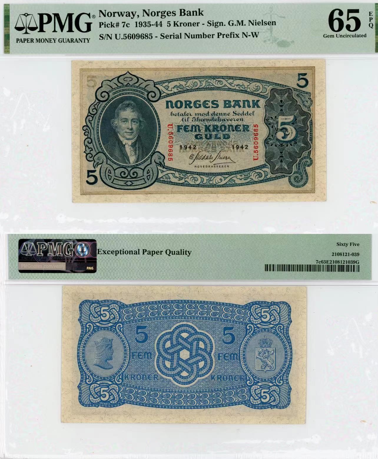 【Blue Auction】✨世界纸币精拍第415期——北欧&中欧专场 【无47】挪威 早期 1935-44年5克朗 PMG65EPQ 绝品少见