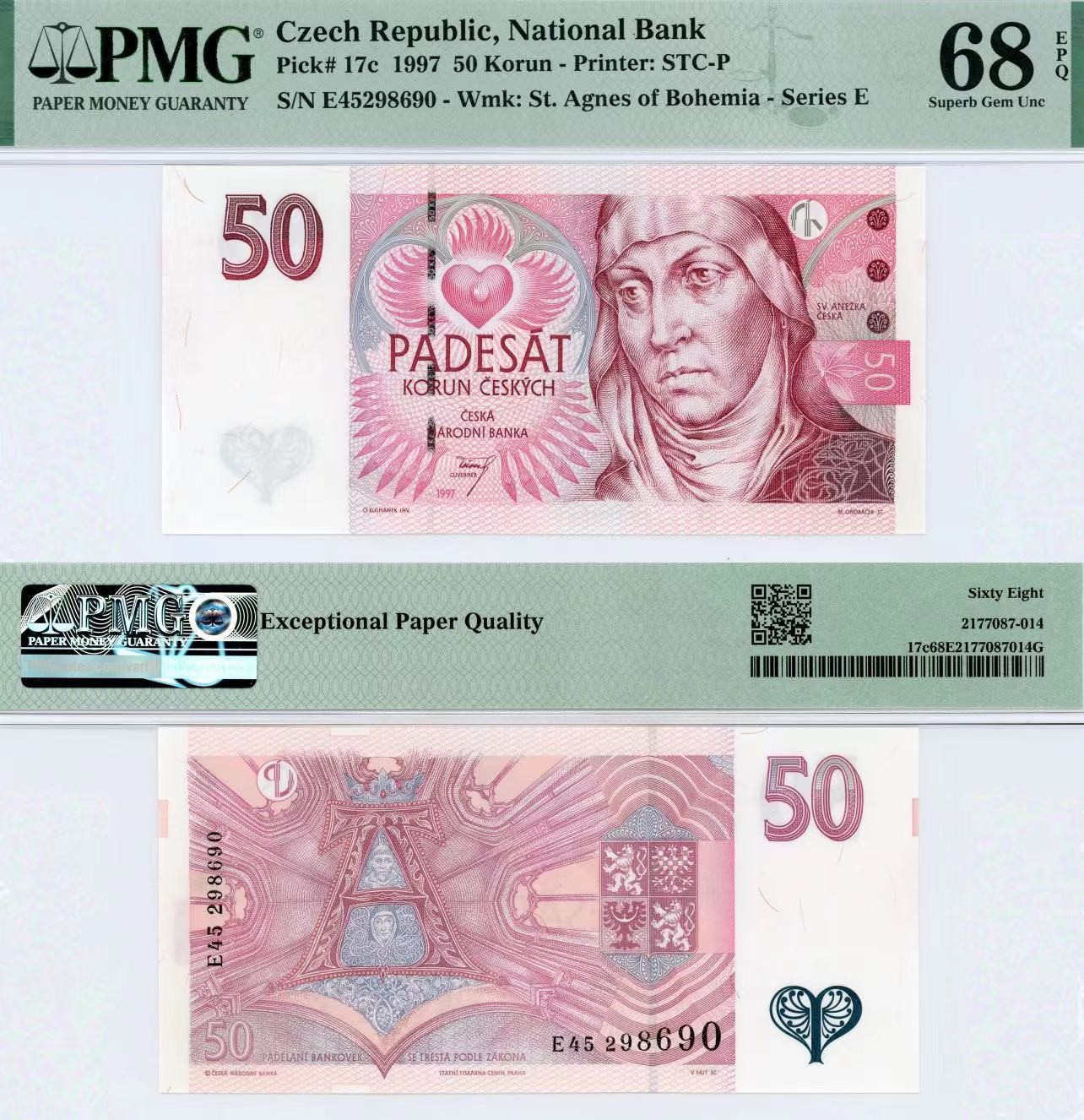 【Blue Auction】✨世界纸币精拍第415期——北欧&中欧专场 捷克 1997年50克朗 PMG68EPQ 超高分