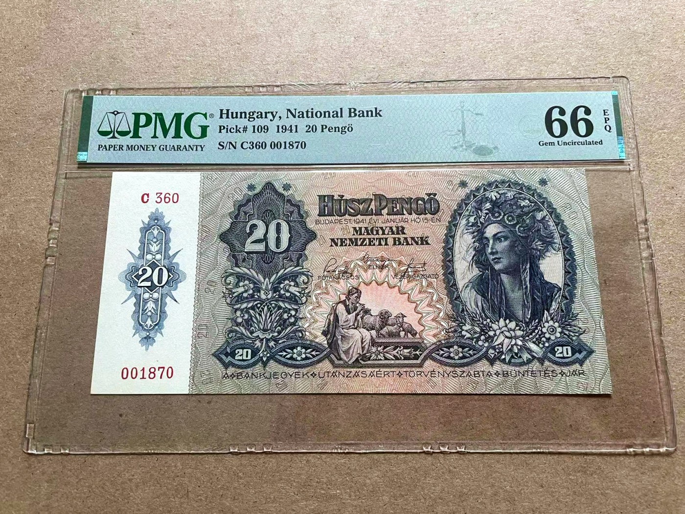 【Blue Auction】✨世界纸币精拍第415期——北欧&中欧专场 匈牙利 1941年20潘哥 PMG66EPQ 