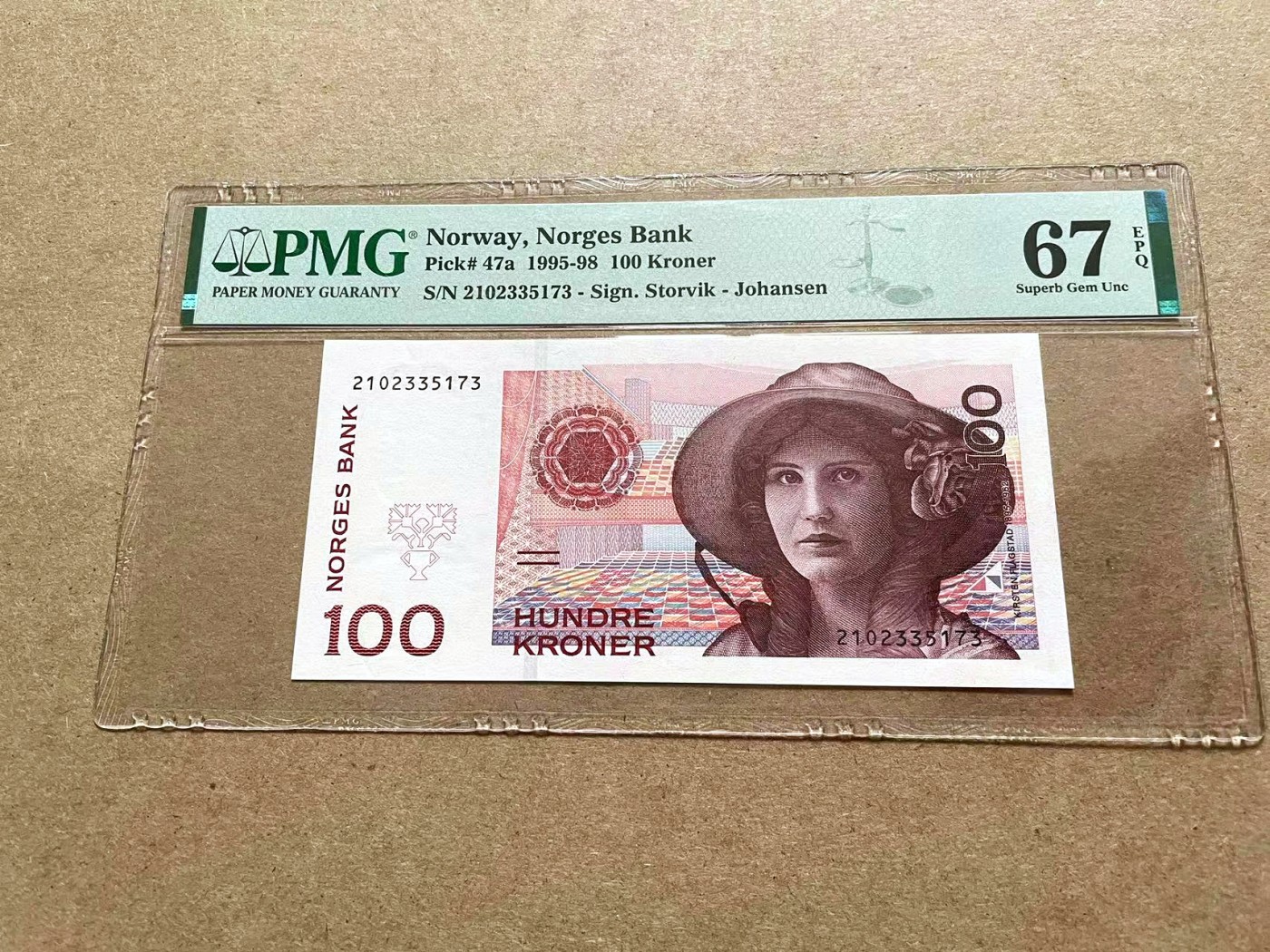 【Blue Auction】✨世界纸币精拍第415期——北欧&中欧专场 【a版】挪威 1995-98年100克朗 PMG67EPQ  